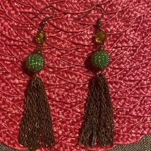 Lime green iridescent beaded balls and antiqued bronze tassel earring